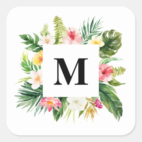 Watercolor Tropical Leaves  Floral Frame Monogram Square Sticker