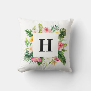 Watercolor Tropical Leaves Floral Frame Monogram Throw Pillow