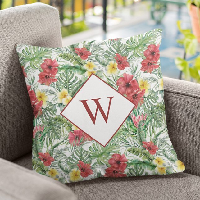 Watercolor Tropical Leaves Floral Monogram Throw Pillow (Creator Uploaded)