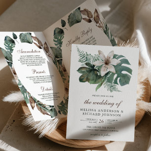 Watercolor Tropical Leaves Floral QR Code Wedding Invitation