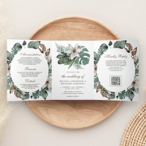 Watercolor Tropical Leaves Floral QR Code Wedding Tri-Fold Invitation