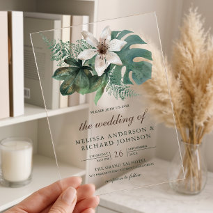 Watercolor Tropical Leaves Floral Wedding Acrylic Invitations