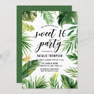 Watercolor Tropical Leaves Frame Sweet 16 Party Invitation