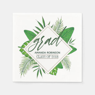 Watercolor Tropical Leaves Graduation Party Paper Napkins
