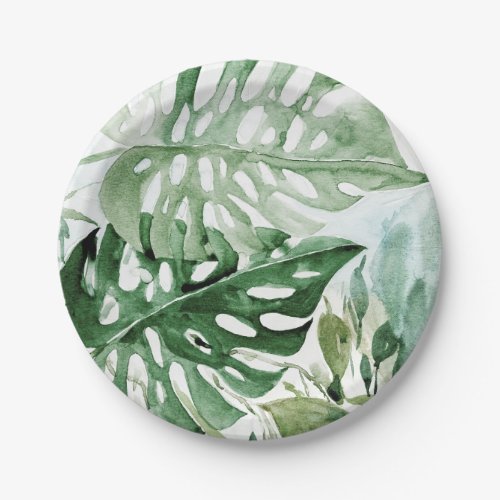 Watercolor Tropical Leaves Green Paper Plates