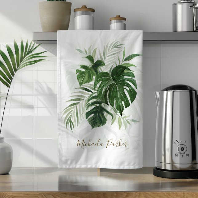 Watercolor Tropical Leaves Greenery Personalized Kitchen Towel (Creator Uploaded)