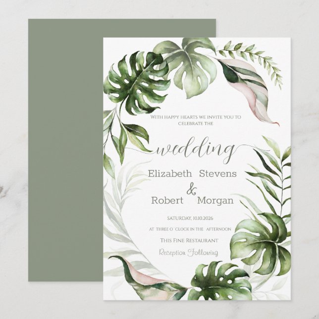 Watercolor Tropical Leaves Greenery  Wedding Invitation (Front/Back)