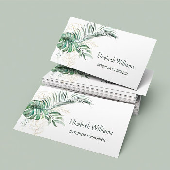 Watercolor Tropical Leaves Interior Designer Business Card by NinaBaydur at Zazzle