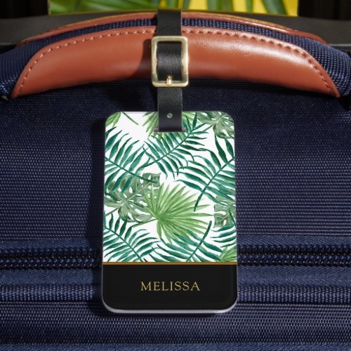 Watercolor tropical leaves monogram name black luggage tag