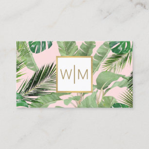 Watercolor Tropical Leaves Monogram Pink/White Business Card