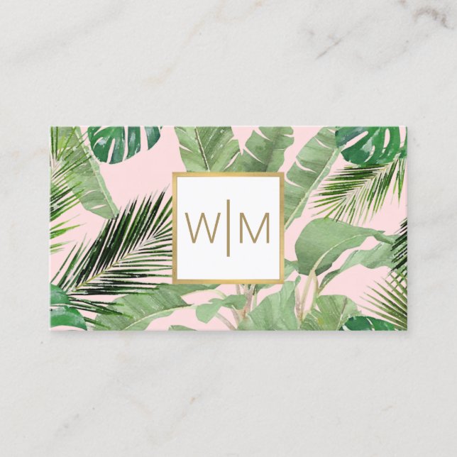 Watercolor Tropical Leaves Monogram Pink/White Business Card (Front)