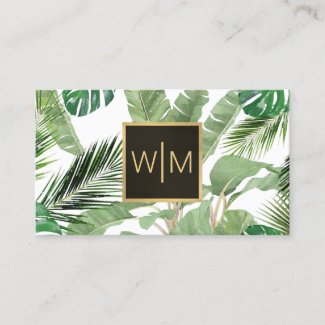 Watercolor Tropical Leaves Monogram White/Black Business Card
