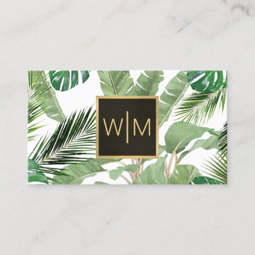 Watercolor Tropical Leaves Monogram WhiteBlack Business Card