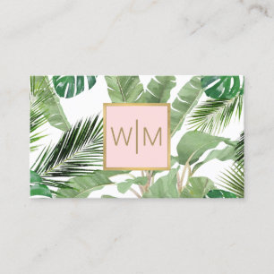 Watercolor Tropical Leaves Monogram White/Pink Business Card