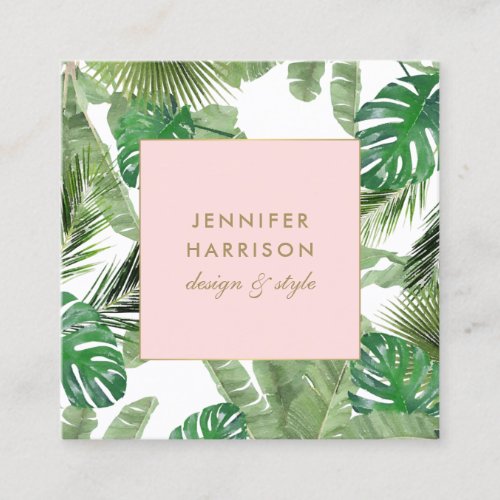 Watercolor Tropical Leaves Pattern Designer Square Business Card
