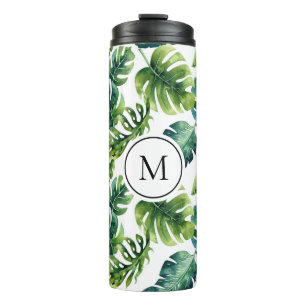 Watercolor Tropical Leaves Pattern Monogram Thermal Tumbler