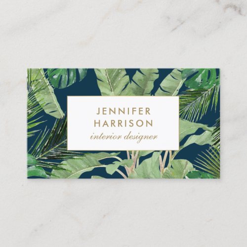 Watercolor Tropical Leaves Pattern on Dark Blue Business Card