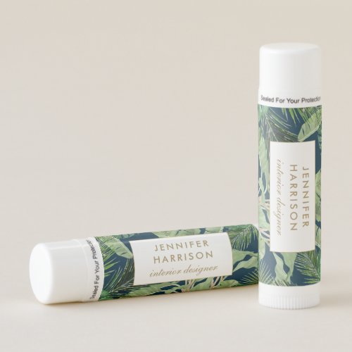 Watercolor Tropical Leaves Pattern on Dark Blue Lip Balm