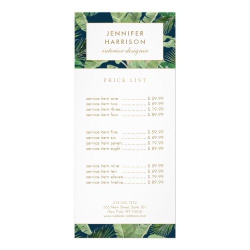 Watercolor Tropical Leaves Pattern on Dark Blue Rack Card