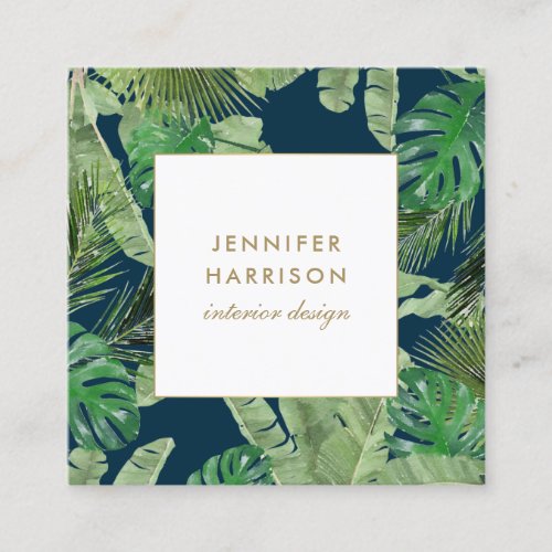 Watercolor Tropical Leaves Pattern on Dark Blue Square Business Card