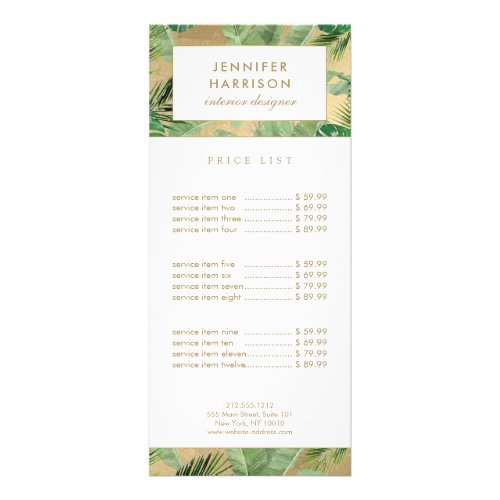 Watercolor Tropical Leaves Pattern on Faux Gold Rack Card