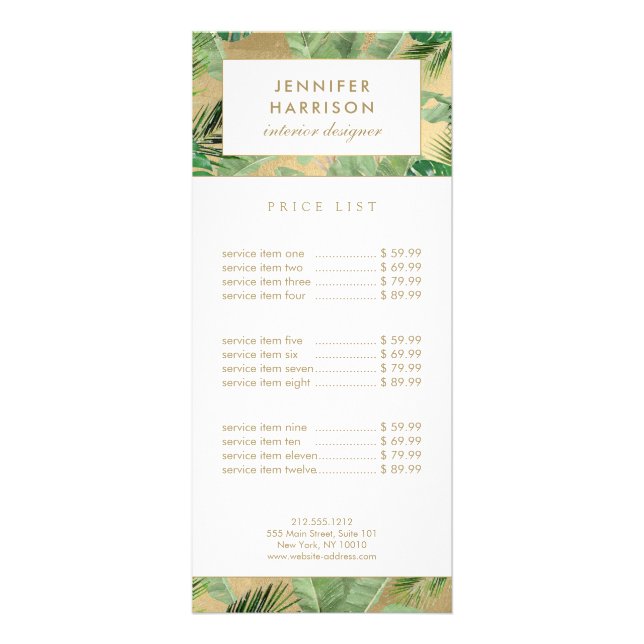 Watercolor Tropical Leaves Pattern on Faux Gold Rack Card (Front)