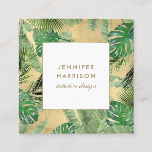 Watercolor Tropical Leaves Pattern on Faux Gold Square Business Card