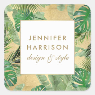 Watercolor Tropical Leaves Pattern on Faux Gold Square Sticker