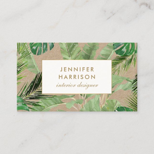 Watercolor Tropical Leaves Pattern on Kraft Business Card (Front)