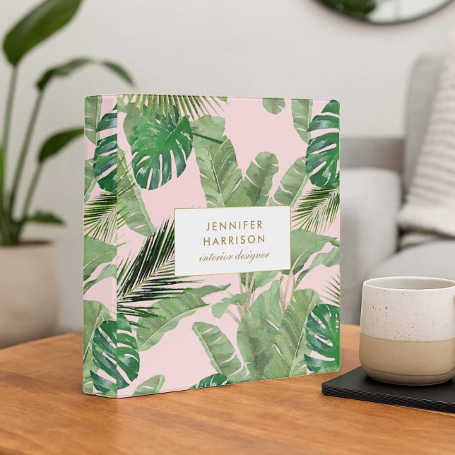 Watercolor Tropical Leaves Pattern on Pink 3 Ring Binder (Creator Uploaded)