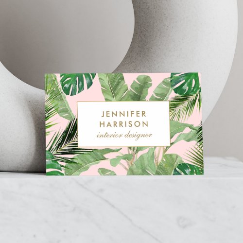Watercolor Tropical Leaves Pattern on Pink Business Card