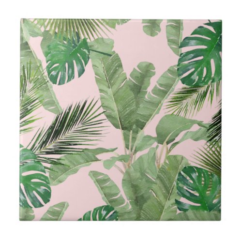 Watercolor Tropical Leaves Pattern on Pink Ceramic Tile