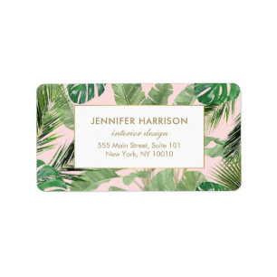 Watercolor Tropical Leaves Pattern on Pink Label