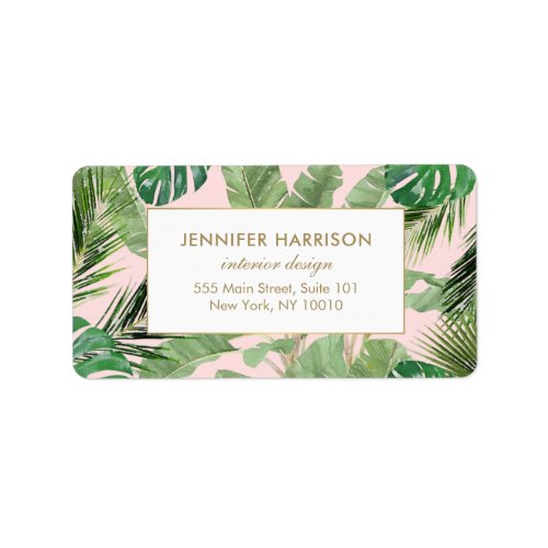 Watercolor Tropical Leaves Pattern on Pink Label