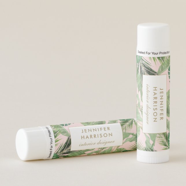 Watercolor Tropical Leaves Pattern on Pink Lip Balm (Front)