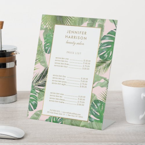 Watercolor Tropical Leaves Pattern on Pink Pedestal Sign