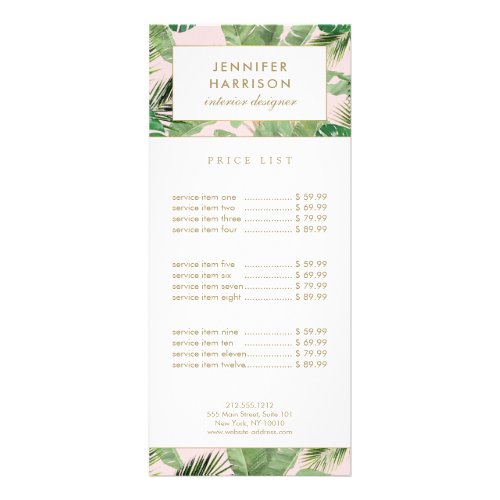 Watercolor Tropical Leaves Pattern on Pink Rack Card