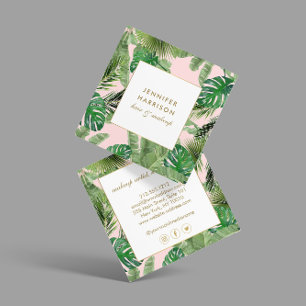 Watercolor Tropical Leaves Pattern on Pink Square Business Card