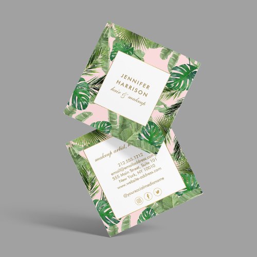 Watercolor Tropical Leaves Pattern on Pink Square Business Card