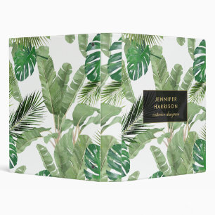 Watercolor Tropical Leaves Pattern on White 3 Ring Binder
