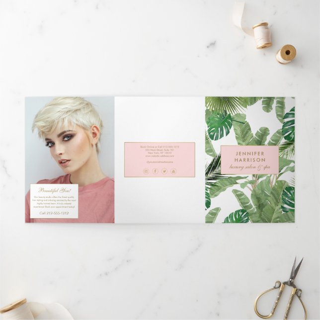 Watercolor Tropical Leaves Pattern Salon Brochure (Outside)