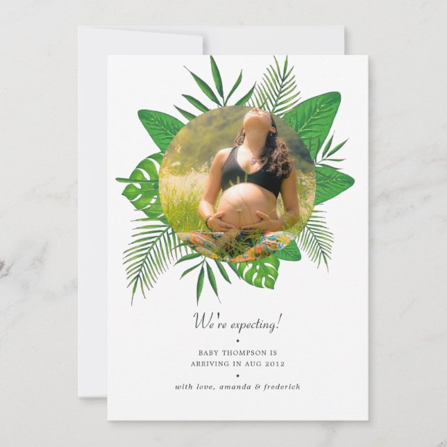 Watercolor Tropical Leaves Photo Pregnancy Announcement (Front)