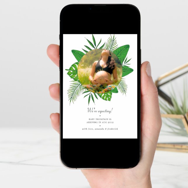 Watercolor Tropical Leaves Photo Pregnancy Announcement (Front Digital)
