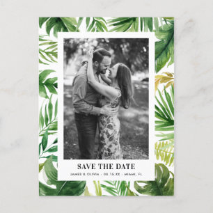 Watercolor Tropical Leaves Photo Save the Date Announcement Postcard