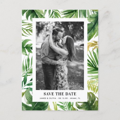 Watercolor Tropical Leaves Photo Save the Date Announcement Postcard