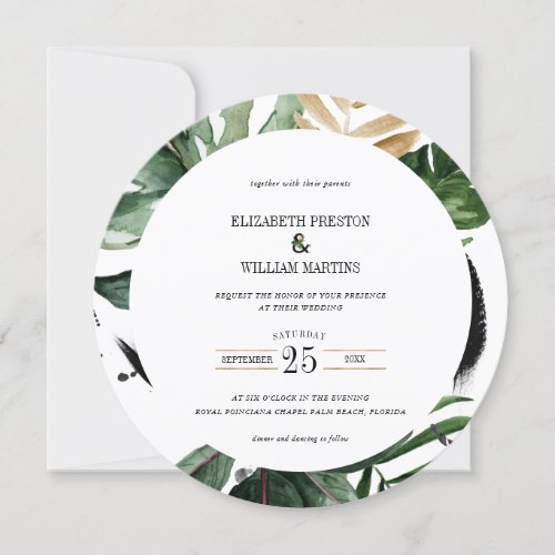 Watercolor Tropical Leaves QR Code Wedding Circle Invitation