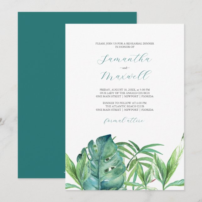 Watercolor Tropical Leaves Rehearsal Dinner (Front/Back)