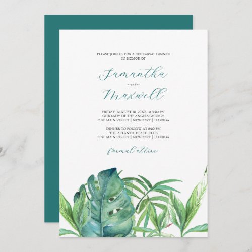 Watercolor Tropical Leaves Rehearsal Dinner