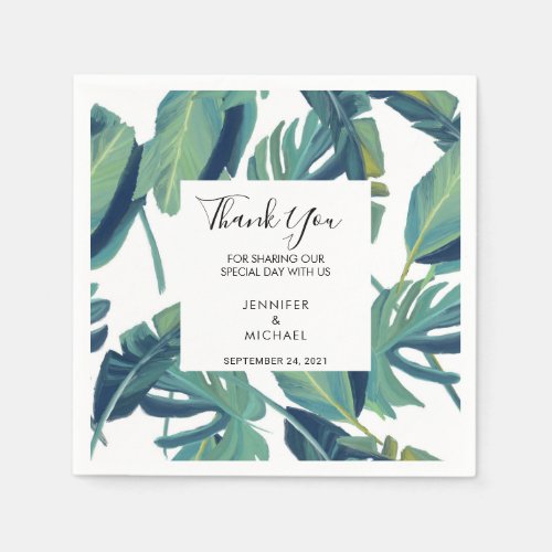 Watercolor tropical leaves Thank you wedding Napkins