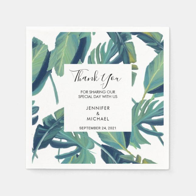 Watercolor tropical leaves Thank you wedding Napkins (Front)